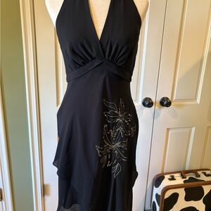 Black Embellished Ruched Halter Dress